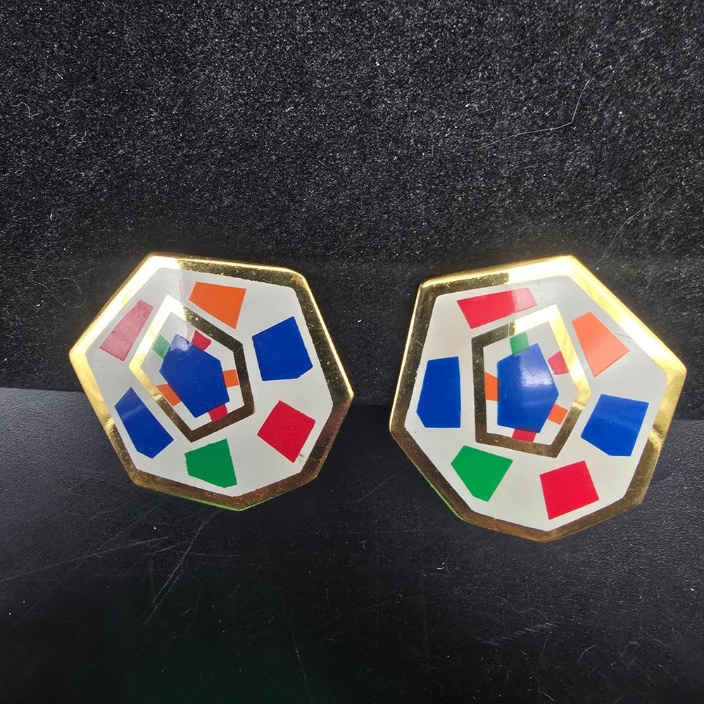 Avon 1990s Color Graphics Clip On Earrings Geometric Vintage Jewelry
